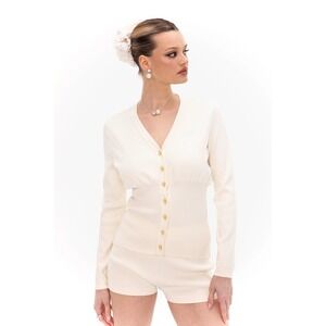 Nana Jacqueline Cinched Waist Cardigan V-Neck Button Up Cream Size S